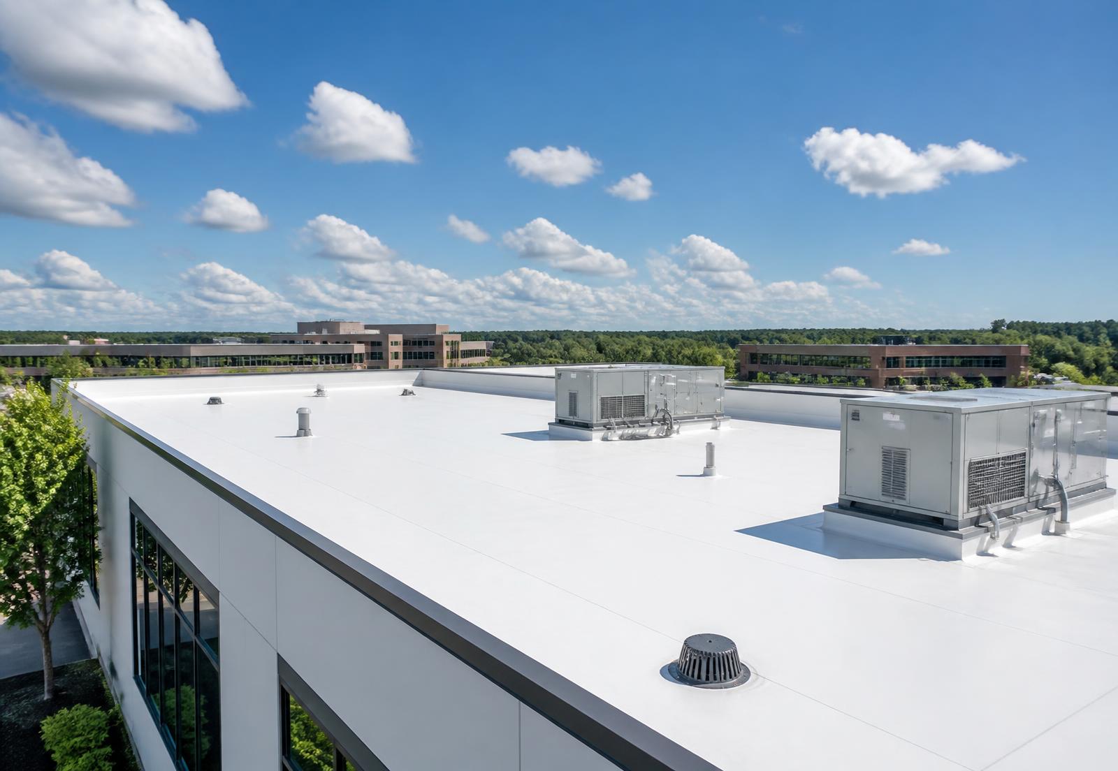 Commercial flat roof on a low-rise office building in bright daylight